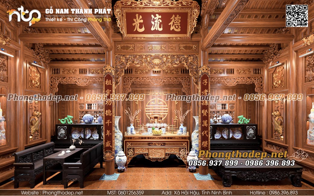 Không gian nội thất nhà gỗ 3 gian vách thuận làm tủ trưng bày